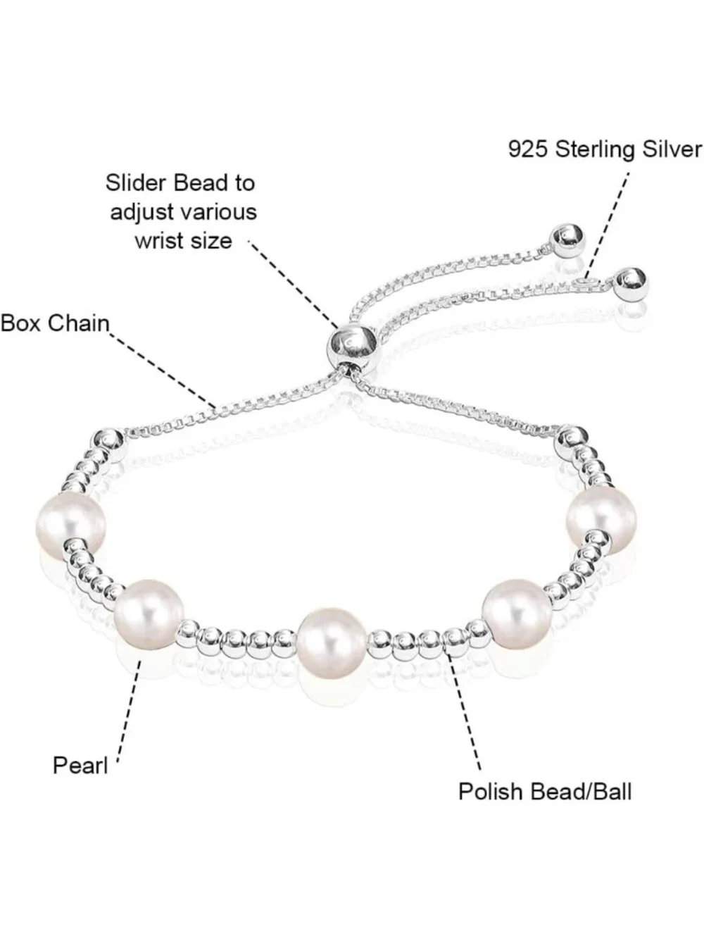 925 Sterling Silver Adjustable Bolo Bracelet | Beaded Tennis Bracelet for Women